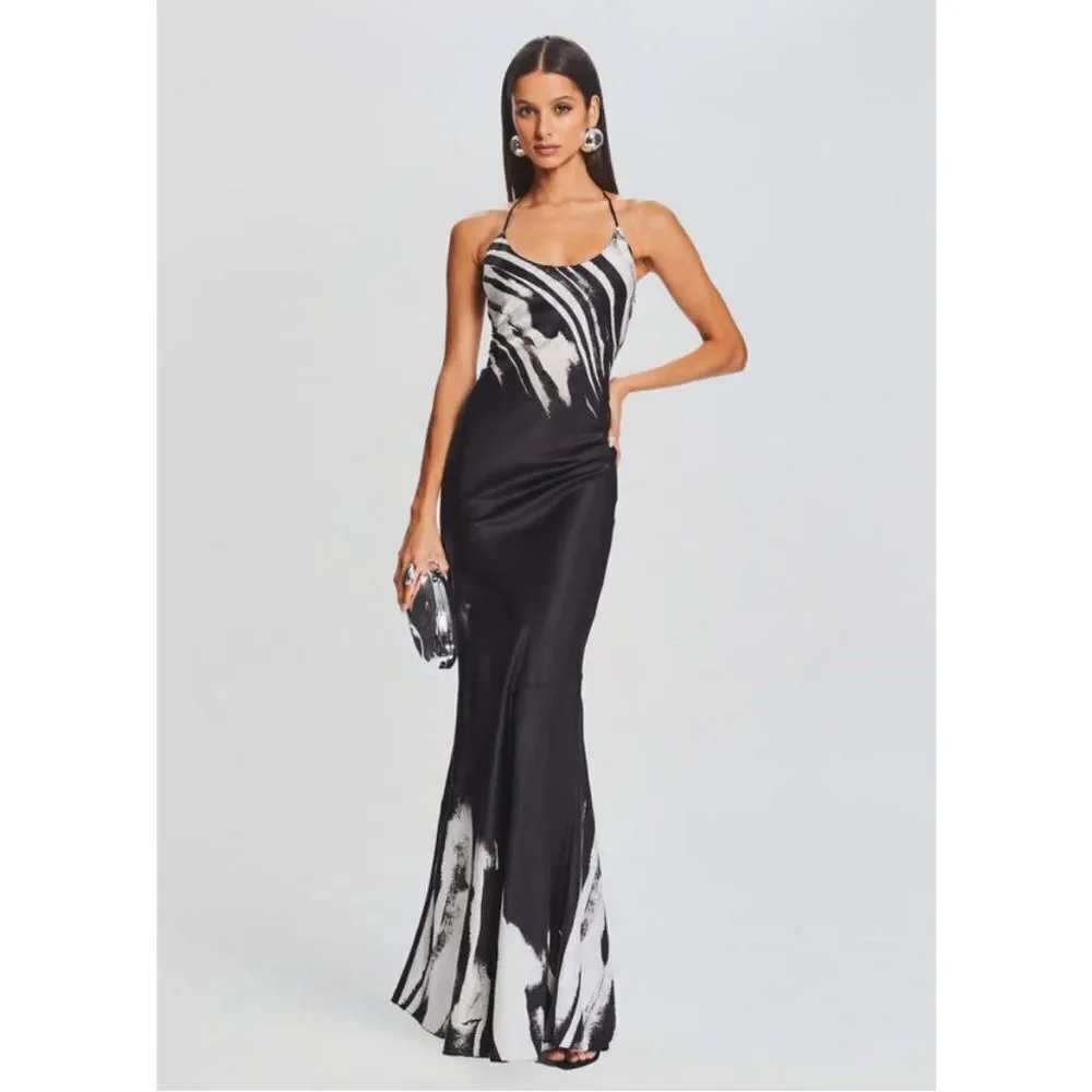 Retrofete Cami silk slip maxi gown black/white zebra Ombre NWT